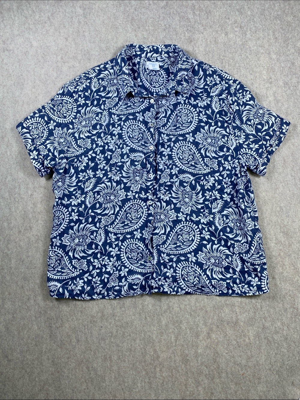 Sigrid Olsen 100% Linen Navy White Paisley Button Down Shirt Size M